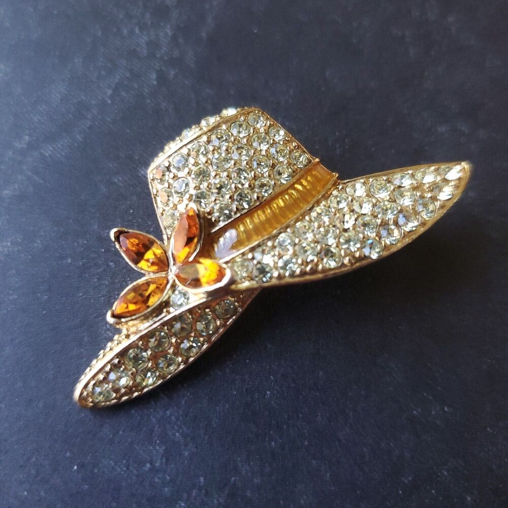 Gold Tone Monet Rhinestone Hat Shaped Pin Small 1.75" Sun Bonnet Brooch